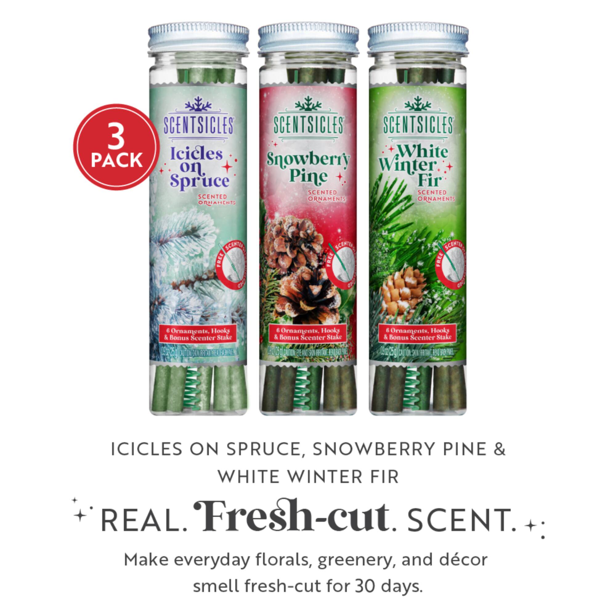Scentsicles Scented Ornament Stick White Winter Fir, Snowberry Pine and Icicles on Spruce Sticks, 3 Pack of 6